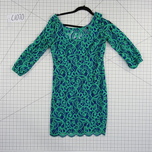 Lilly Pulitzer Women's Size 6 Green Blue Floral Lace Sheath Dress 3/4 Sleeve - Picture 8 of 8